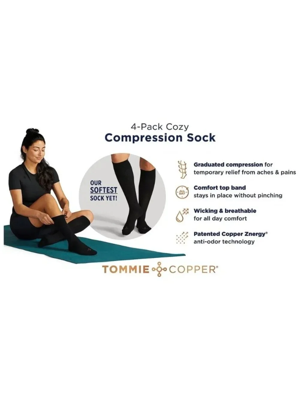 Tommie Copper 4 Pack SnugStay Knee High Compression Socks Black White Small S